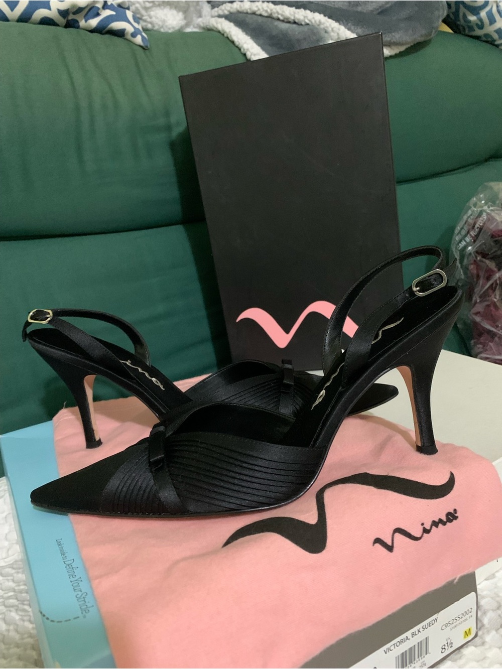 Nina 8.5 Black Satin Pointed Toe Pumps with Subtle Bow